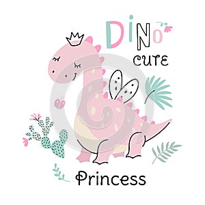 Princess girl dino card template. Cute dinosaur fairy, baby sweet graphic poster. Scandinavian style animal, shirt print