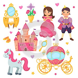 Princess girl and prince boy cartoon set. Royal collection with beautiful carriage, cute castle, adorable pony with pink