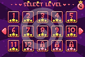 Princess girlis style Level select screen. Game ui set