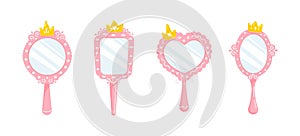 Princess hand mirror.Set of pink mirrors with gold crown for girl.Cartoon style