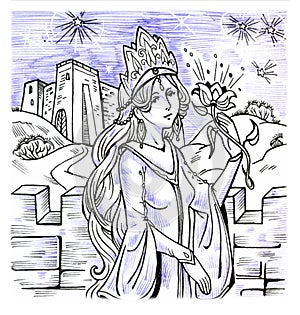 princess holding flower in thecastle artisticdrawing