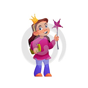 Princess little girl in casual playing magic wand