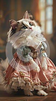 Princess little kitty cat wearing a fluffy intricate pretty dress