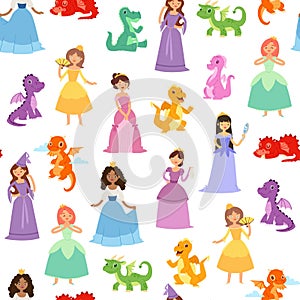 Princess and medieval girls and dragons seamless vector pattern. Fairytale girls princesses in colorful dresses and