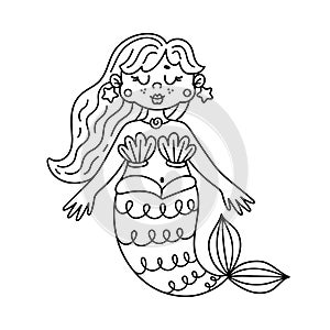 Princess mermaid vector illustration. Cute underwater girl with a fish tail. Beautiful sea fairy with shells, starfish. Hand drawn