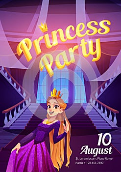 Princess party cartoon flyer with girl in crown