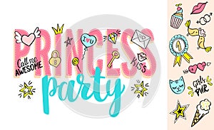 Princess Party lettering with girly doodles and hand drawn phrases for valentines day card design, girl`s t-shirt print. photo