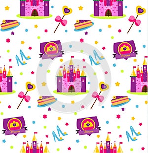 Princess party pattern. Vector background with girls design elements. Castle, shoes, wand, cake. For party invitations, gift wrapp