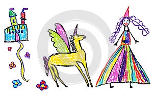 Princess or queen, castle, unicorn, pegasus, horse wings. Like kids hand drawn fairy kingdom outdoor background.