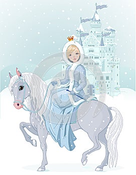 Princess riding horse at winter