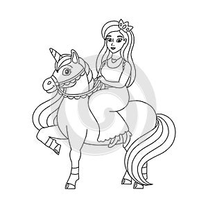 The princess is riding a unicorn. Coloring book page for kids. Cartoon style character. Vector illustration isolated on white