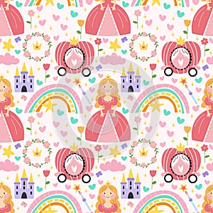 Princess seamless pattern with castle, carriage and rainbow in scandinavian flat style. Girl creative vector childish