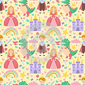 Princess seamless pattern with prince, dragon, castle, rainbow in scandinavian style. Creative vector childish