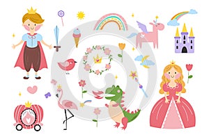 Princess Set. Fairy kingdom, prince, fairy, unicorn, dragon, castles, carriage, and much more. Vector illustration in