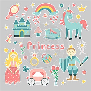 Princess set. Hand drawn childish illustration. Beautiful princesses, princ, castle, carriage and accessories