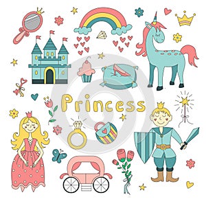 Princess set. Hand drawn childish illustration. Beautiful princesses, princ, castle, carriage and accessories