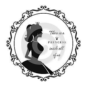 Princess silhouette in royal frame with sample text. For notebook cover, girl diary, scrapbook design. Isolated on white