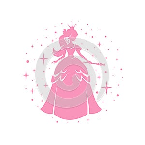 Princess silhouette standing in beautiful dress with magic wand. Circle frame background with pink dots and sparkles