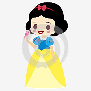 Princess Snow White. Doll . Fairy tale character. Girl in a dress. With little bird.