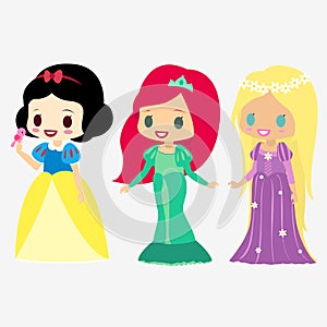 Princess Snow White. Mermaid. Long hair. Set with fashion girls. Beautiful fairytale characters.