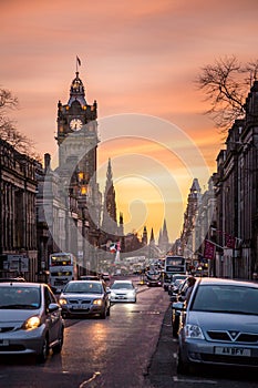 Princess street and Balmoral tower, sunset time