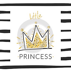 Princess t-shirt background with glitter crown in girlish style for modern apparel. Vector print design