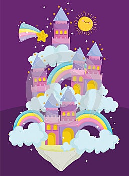 princess tale cartoon castles with rainbows clouds fantasy