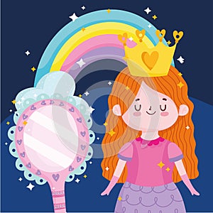 princess tale cartoon girl with crown rainbow and mirror magic