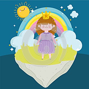 princess tale with crown rainbow clouds sun magic cartoon