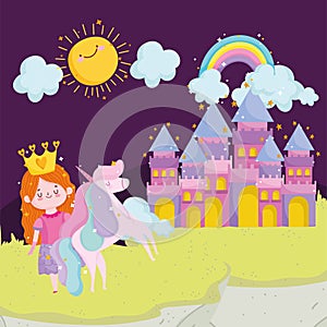 princess tale unicorn castle rainbow sun clouds sky cartoon