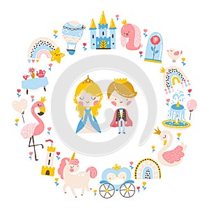 Princess template with animals and birds, unicorn, flamingo, swan. Castle, carriage, balloon. Lovely characters. Vector