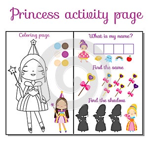 Princess theme activity page for kids. Educational children game set