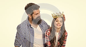 She is always princess to her father. Happy princess. Bearded man crown small child. Lovely little princess. Beauty