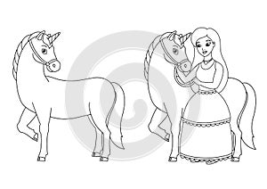 The princess and the unicorn. Coloring book page for kids. Cartoon style character. Vector illustration isolated on white