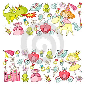 Princess vector patterns. Cute little princess with unicorn and dragon. Castle for little girl, dress, magic wand. Fairy