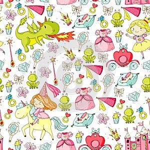 Princess vector patterns. Cute little princess with unicorn and dragon. Castle for little girl, dress, magic wand. Fairy