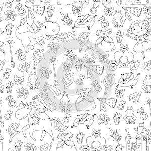 Coloring page for book. Cute little princess with unicorn and dragon. Castle for little girl, dress, magic wand. Fairy