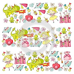 Princess vector patterns. Cute little princess with unicorn and dragon. Castle for little girl, dress, magic wand. Fairy