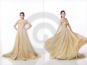 Princess wear Gold glitter Evening Gown ball dress and spin fluttering throw skirt gown around in air. 20s Asian woman dream to be