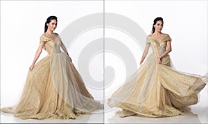 Princess wear Gold glitter Evening Gown ball dress and spin fluttering throw skirt gown around in air. 20s Asian woman dream to be
