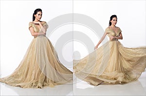 Princess wear Gold glitter Evening Gown ball dress and spin fluttering throw skirt gown around in air. 20s Asian woman dream to be