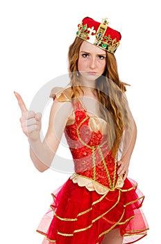 The princess wearing crown and red dress isolated