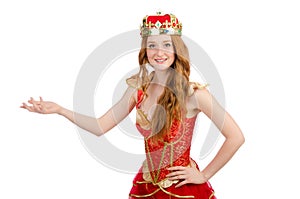 The princess wearing crown and red dress isolated