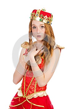 Princess wearing crown and red dress isolated on
