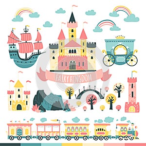 Princesses Fairytale Kingdom Set. Castles, ford, tower, train, carriage, ship, bridge, etc. Vector illustration in simple