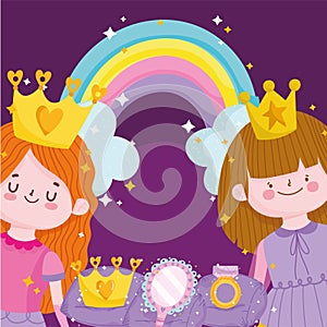 princesses tale cartoon with crown mirror rainbow and ring