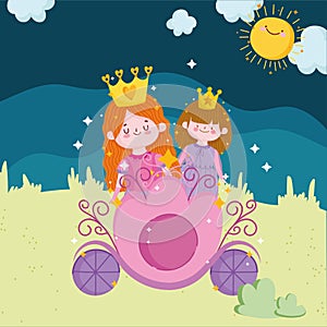 princesses tale with crown on carriage cartoon