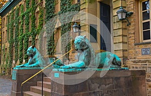 PRINCETON, NJ USA - NOVENBER 12, 2019:  The twin tiger statues at the entrance of Nassau Hall on the campus of Princeton