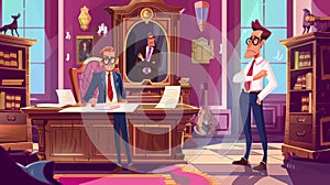 Principal meeting in director office. The angry headmaster speaks to the guilty boy pupil in a cabinet with a table photo