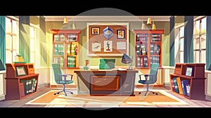 Principal's office in school with desk, chairs, bookcase, and trophies on display. Modern cartoon of empty